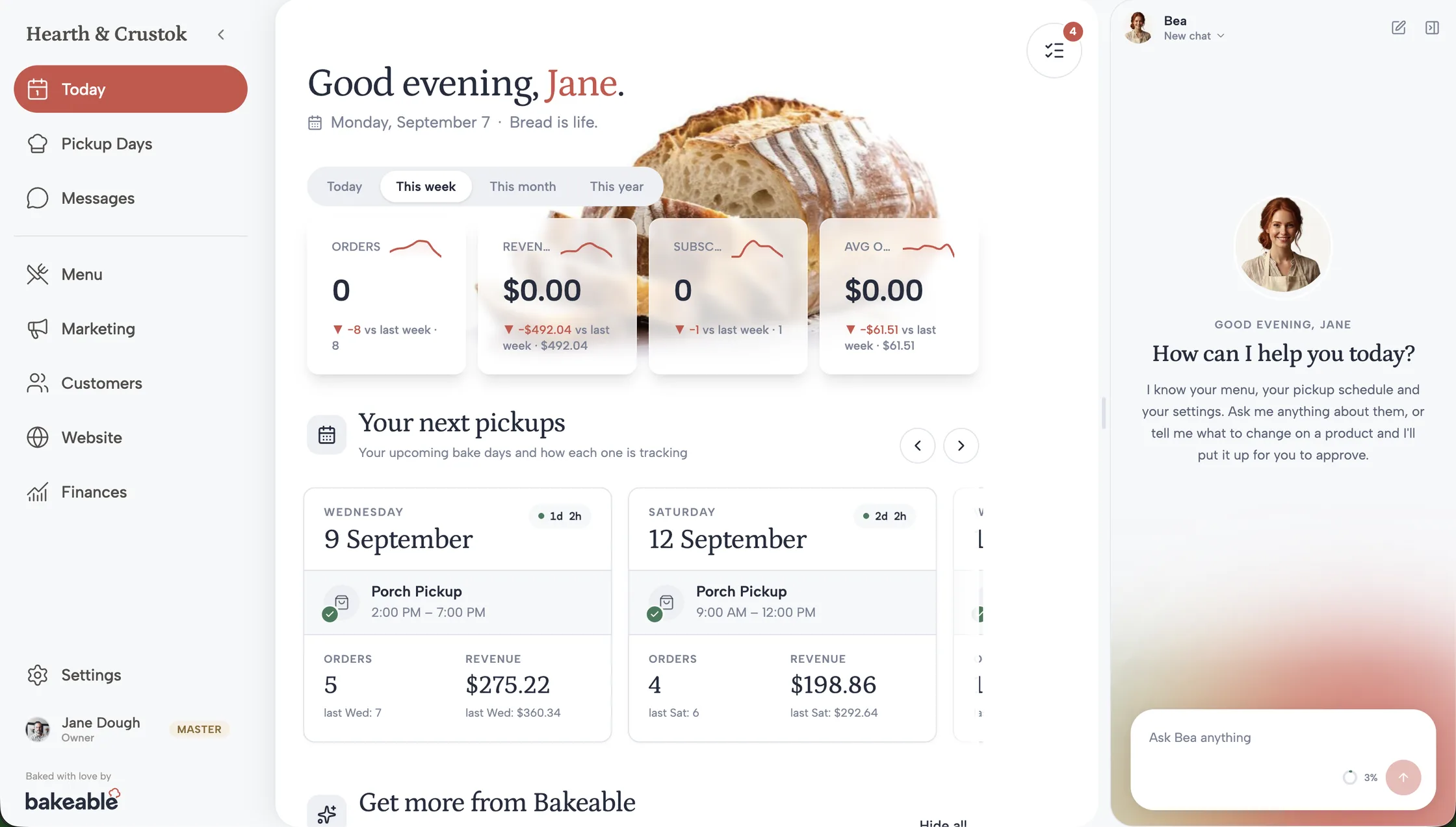 The Bakeable dashboard showing the week's pickups, revenue and task list